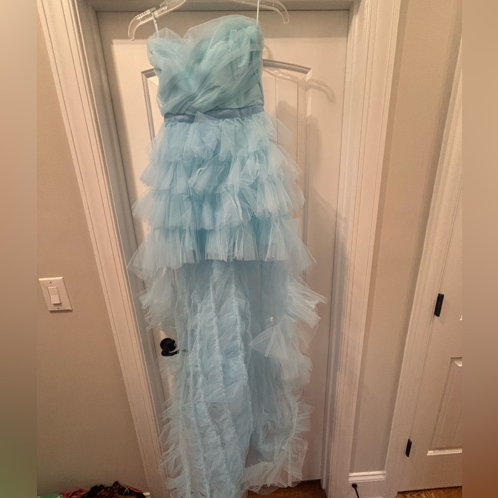 Luxxel Light Blue High-Low Ruffled Tulle Evening Dress